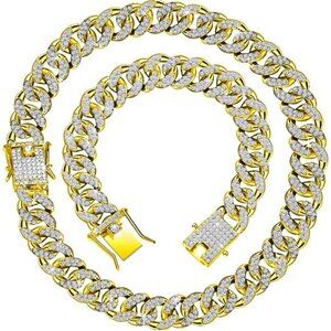 Gold 2 Pieces Cuban Link Chain for Women Cuban Necklace Bracelet Heavy Bling